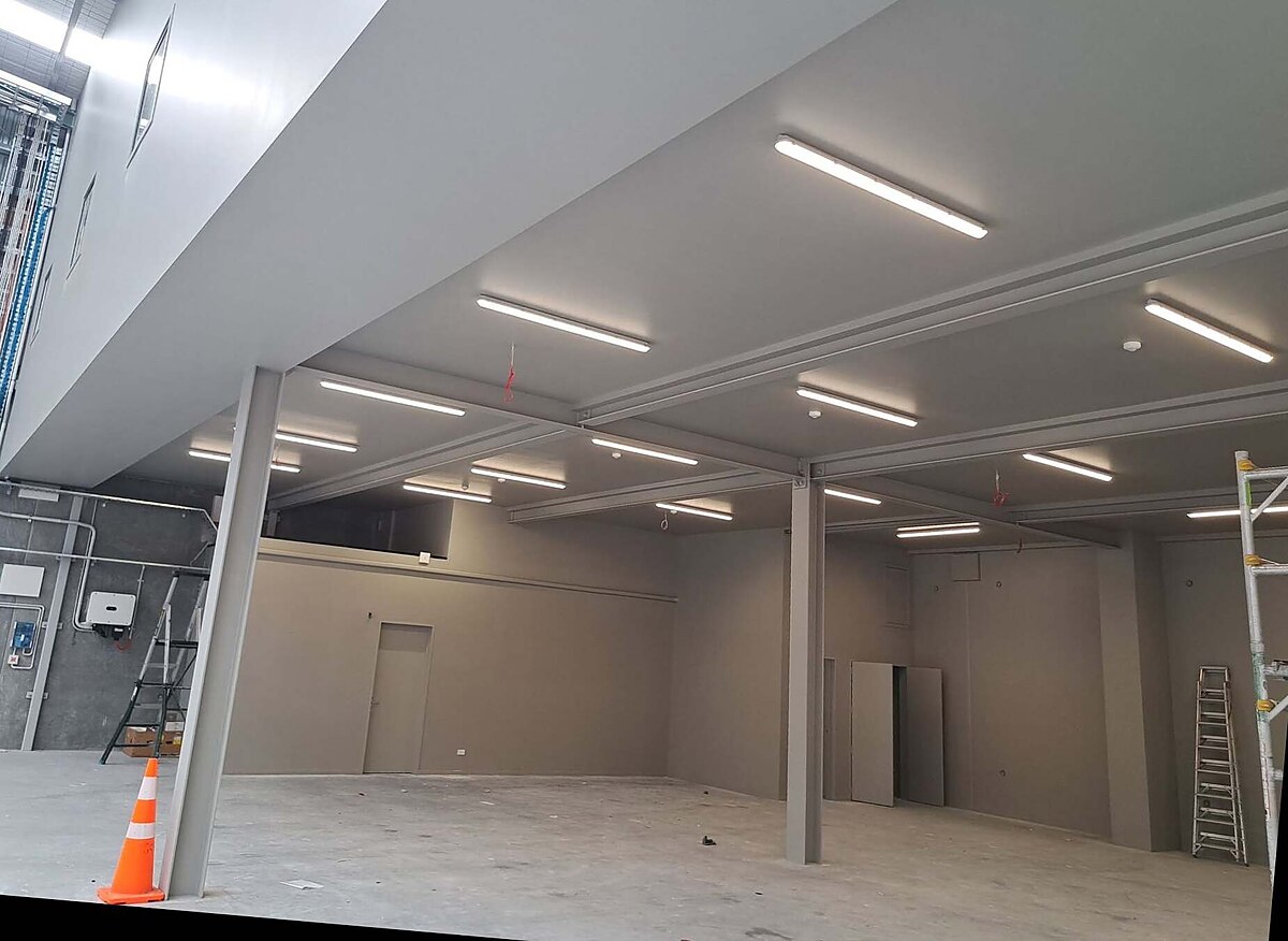 Rondo steel-framed mezzanine ceiling and GIB lining under construction