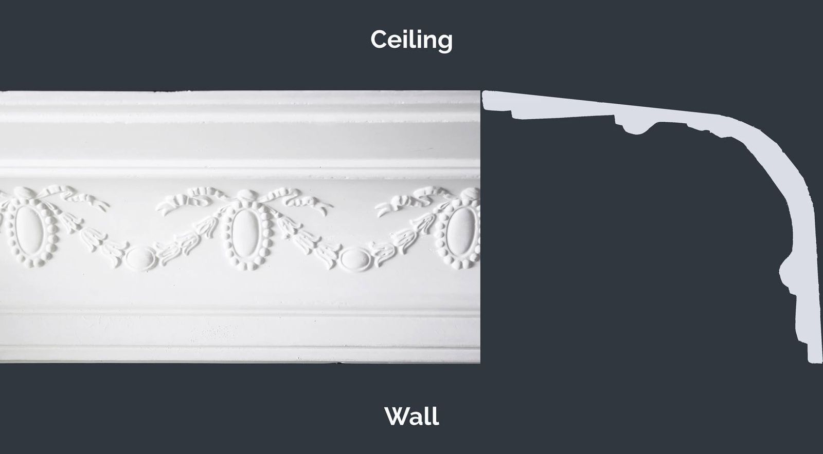 Cameo Fine Cornice profile, decorative fibrous plaster cornice, height by projection 125 × 150mm