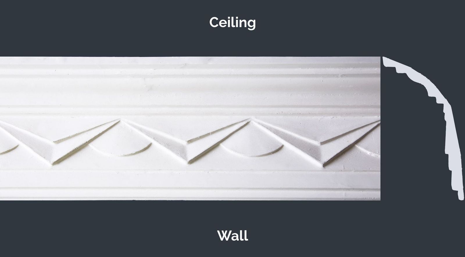Double Chevron Cornice profile, decorative fibrous plaster cornice, height by projection 145 × 75mm