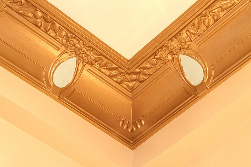Restored gilded ceiling corner at Toitoi, Hastings Opera House